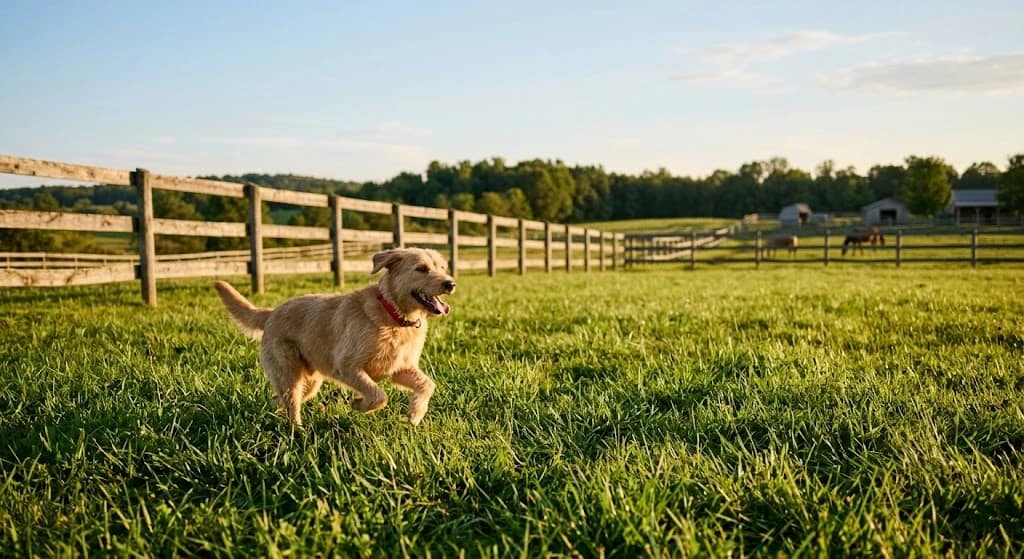 Grote omheinde weide van een manege, gouden licht, een rennende hond.