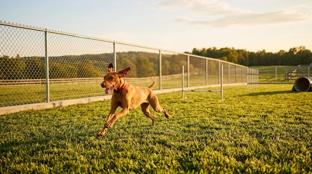 Terrain canin clôturé avec plots d'agility, un chien en plein sprint, ambiance lieu de pro.