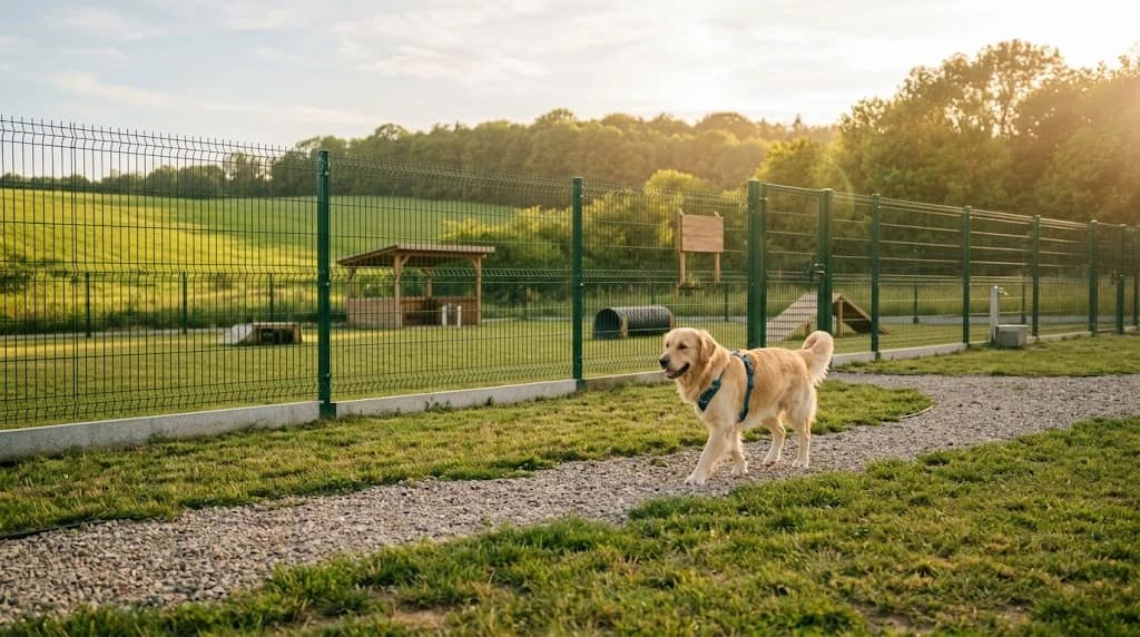 Propere, omheinde kennel van een dagopvang, een spelende hond, professionele en geruststellende sfeer.