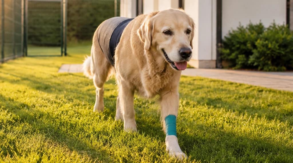 Espace extérieur clôturé attenant à une clinique vétérinaire, propre et net, un chien qui trotte tranquillement.