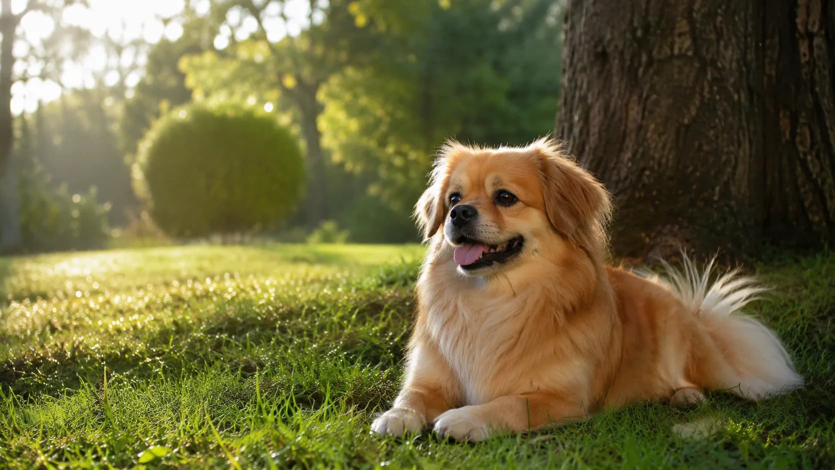 Hond uitgelaten op het gras in de schaduw, vroeg in de ochtend, om het hete asfalt te vermijden
