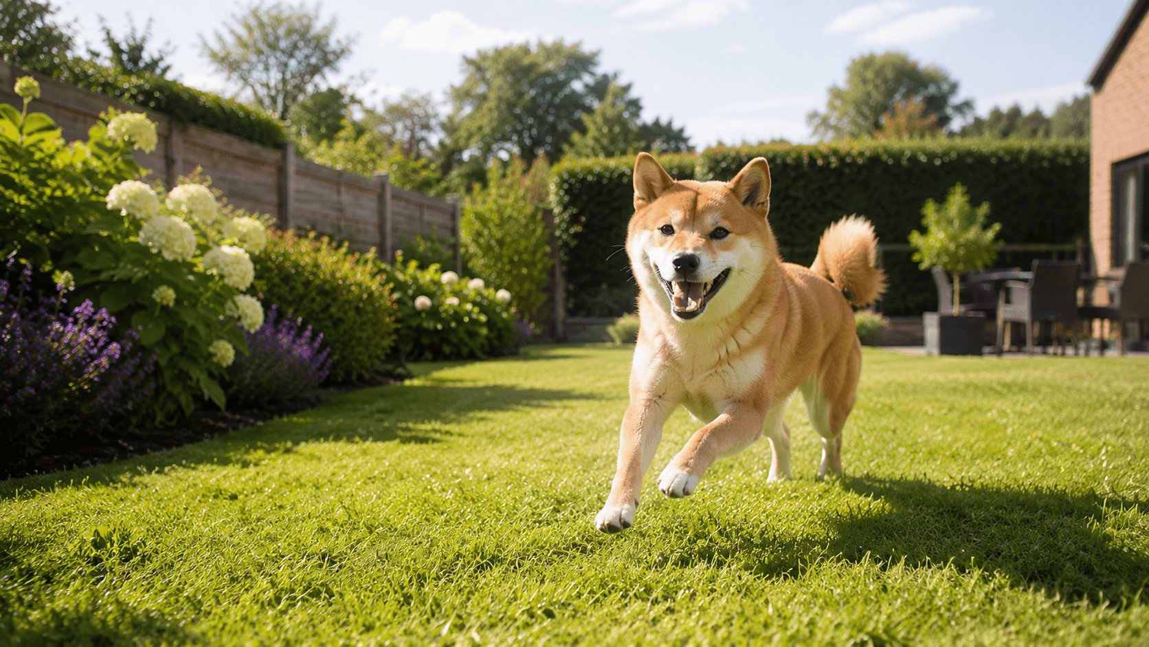 Jardin privé clôturé où un chien joue, à louer aux propriétaires de chiens